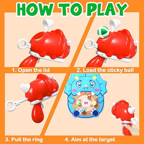 Miniatura 3 de 2 juguetes de disparo de dinosaurios para niños de 3, 4, 5, 6, 7, 8+ años, juguetes de tablero de dardos con 2 pistolas de dinosaurios para niños