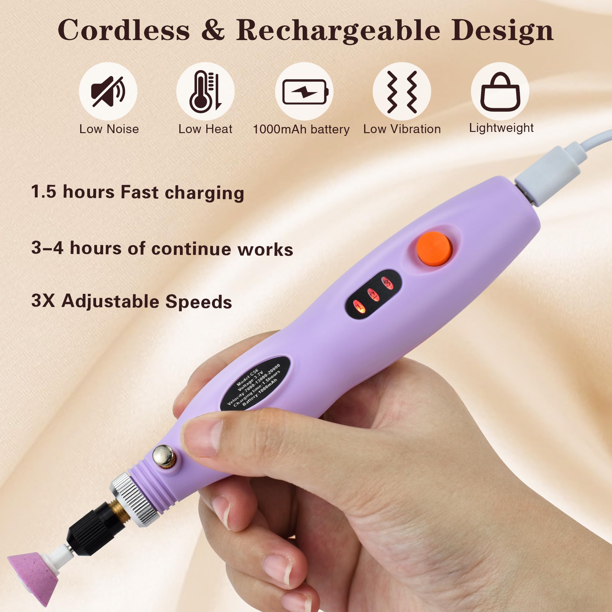 URHELP Electric Nail Files Rechargeable Nail Drill for Acrylic Nails Gel Remover 25000RPM Cordless Portable Efiles Manicure Pedicure (Black) - Image 2