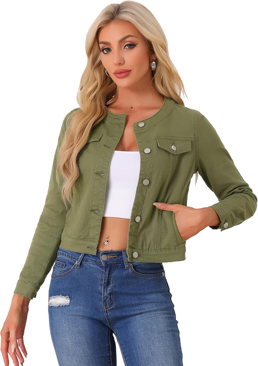 Allegra K Women's Denim Jacket Collarless Round Neck Jean Jackets