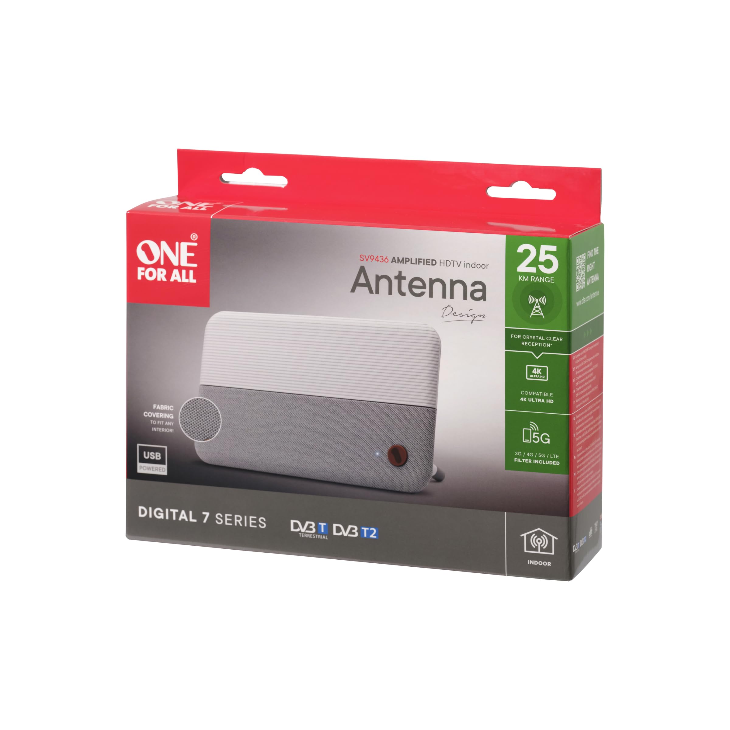 One For All - Antenna amplificata da interni - Ricezione eccellente della tv digitale - Compatibile con Full HD - Filtro 3G/4G/5G - Design elegante – SV9436