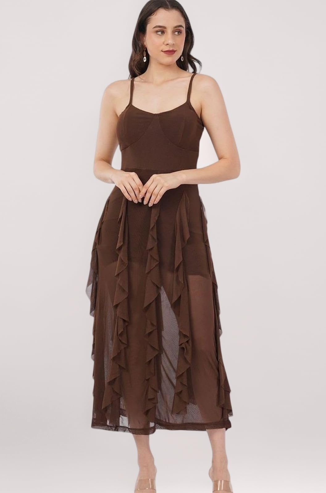 Women's Maroon Ruffle Midi Dress, Spaghetti Strap, Layered Chiffon