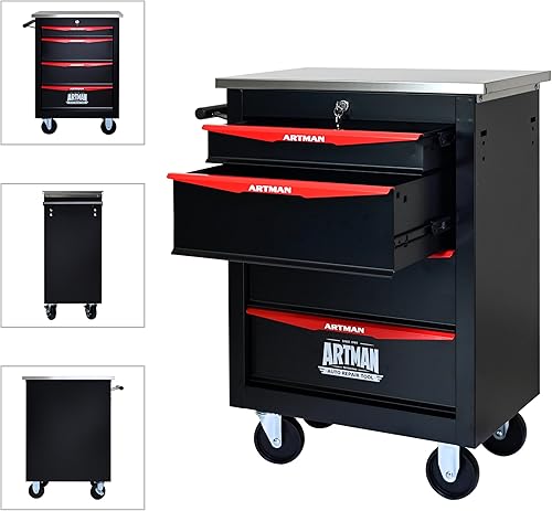 Miniatura 5 de Caja de herramientas con 4 cajones con taquilla, caja de herramientas móvil de metal de 22.2 pulgadas de D, caja de almacenamiento de hardware