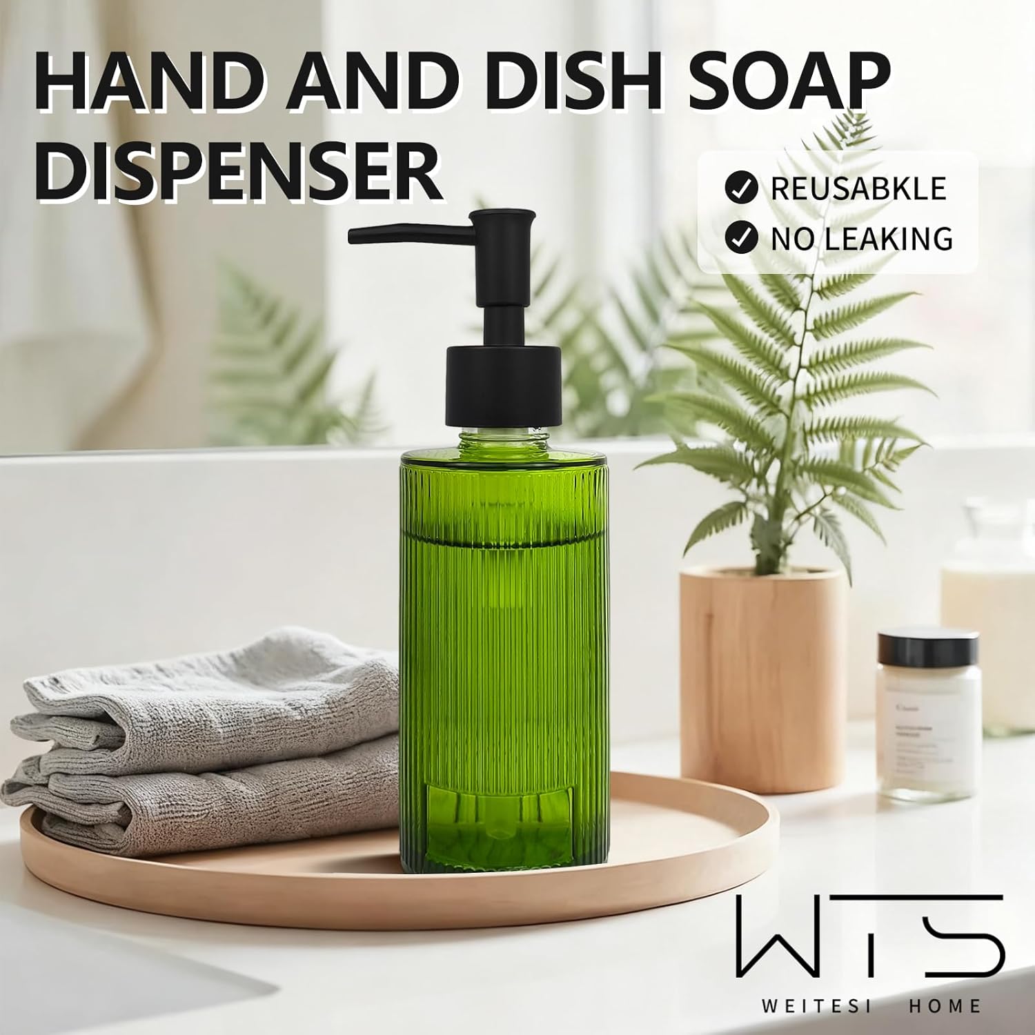 Green Glass Soap Dispenser with Black Rust Proof Pump, Refillable Kitchen Dish Soap Bathroom Soap Dispenser for Lotion, Body Wash, Shampoo - Image 2