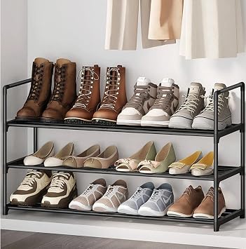 ONE PIX 3-Tier Shoe Rack, Metal Shoe Organizer Holds 12-15 Pairs, Stackable Storage Shelf for Entryway, Closet, Bathroom, Black