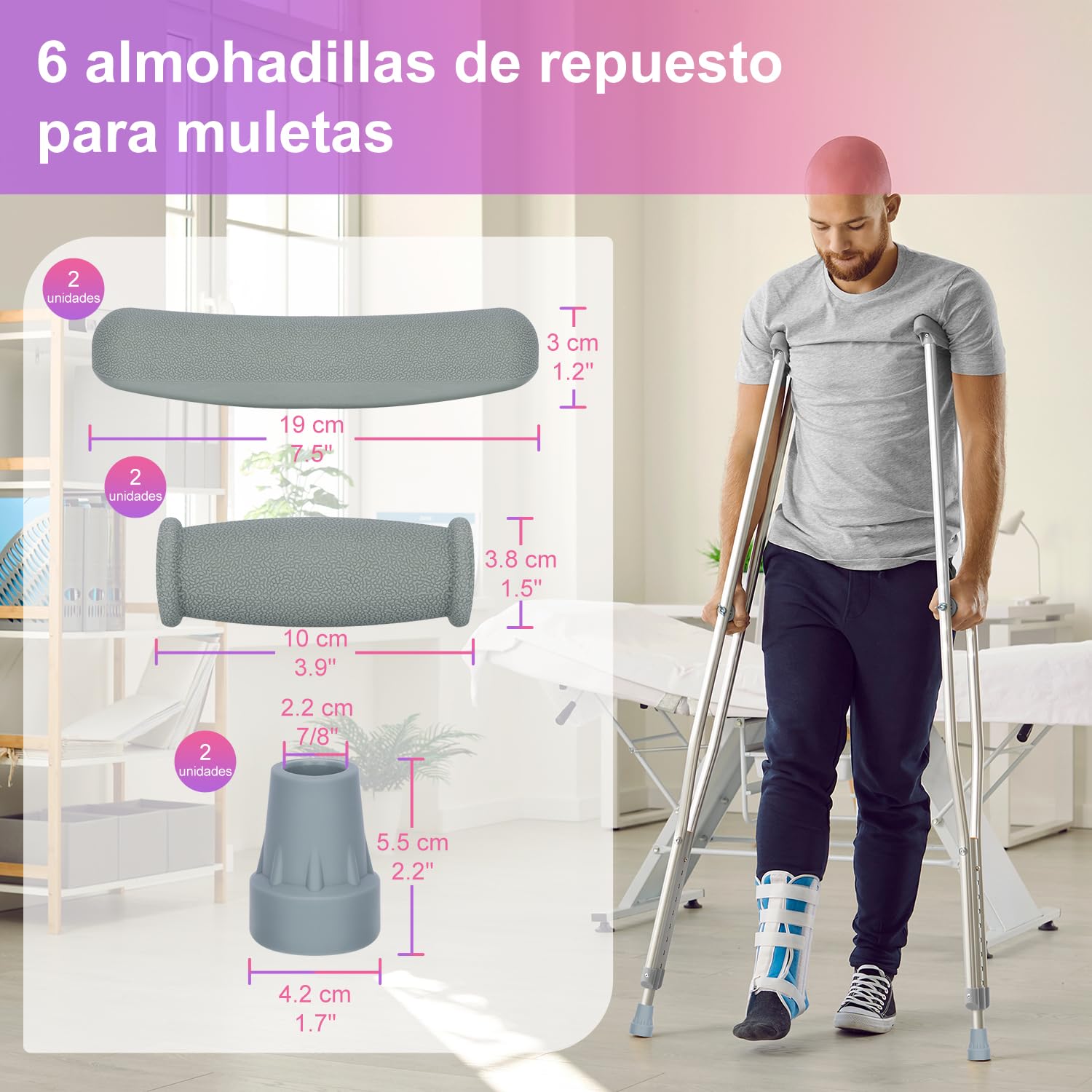 supregear Almohadillas Empuñaduras y Puntas para Muletas, Cubierta de Mango y Almohadilla de Pie, Se Adapta a Muletas de Aluminio Estándar, 6 Piezas, Gris
