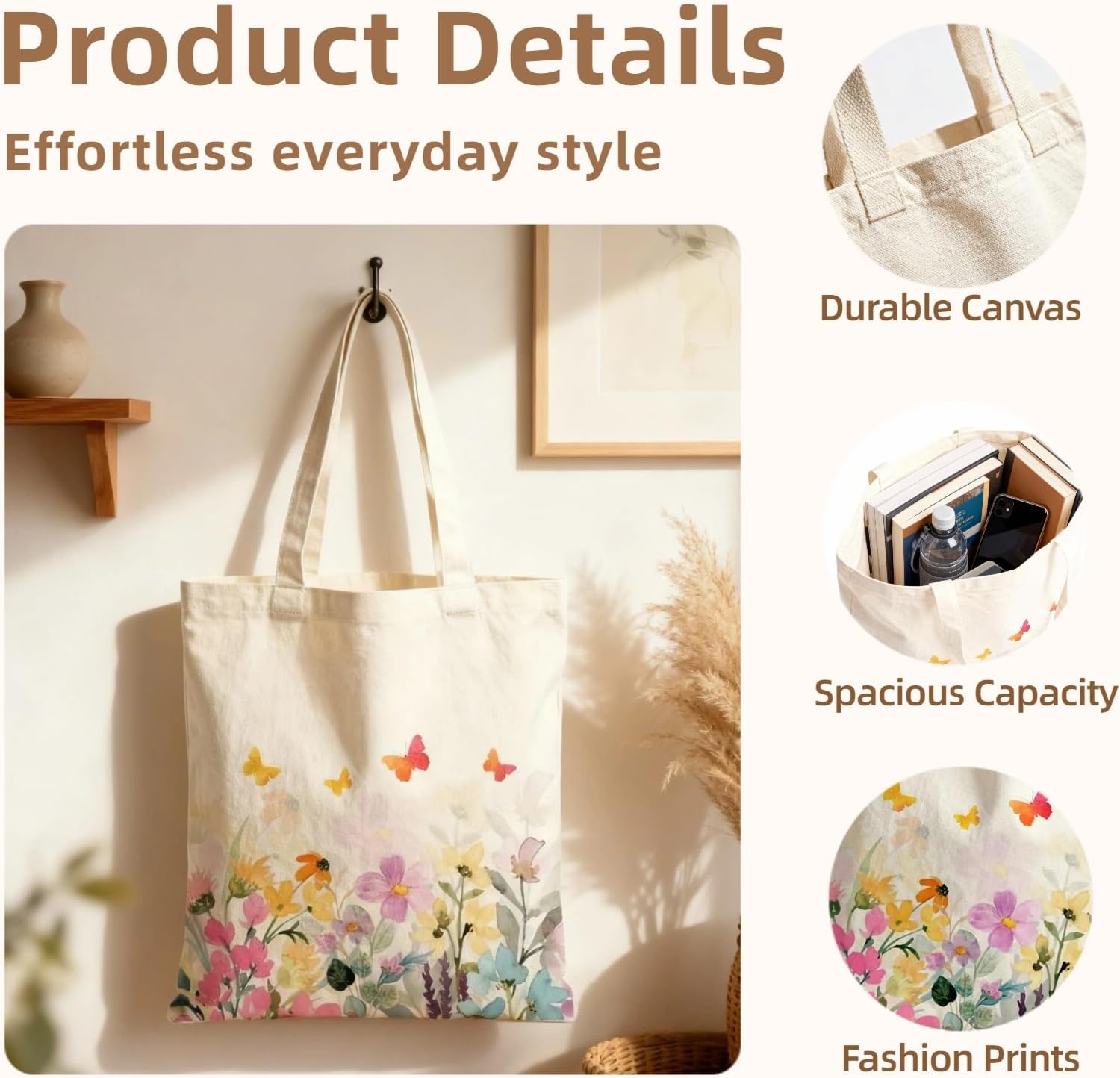 Butterfly Floral Canvas Tote Bag for Women – Reusable Cotton Shoulder Bag with Inner Pocket & Snap Closure, Colorful Garden Tote for Work, Travel, or Shopping - Image 3