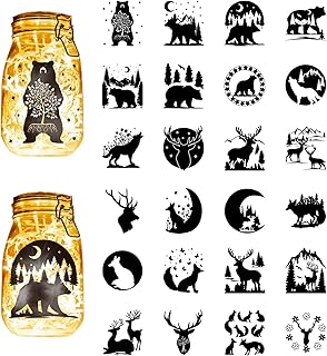 CREATCABIN 24Pcs 24 Styles Mason Jar Silhouette Stickers Glass Jar Decals Deer Bear Forest Animal PVC Waterproof Self Adhesive Diecut Decal for Scrapbook Lantern Jars Wall Windows Craft 3.9 x 3.5 Inch