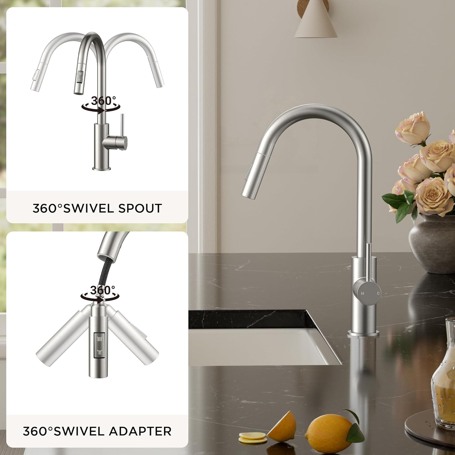 FORIOUS Brushed Nickel Kitchen Faucet with Pull Down Sprayer, Stainless Steel High Arc Gooseneck Modern Sink Faucet with CUPC Ceramic Cartridge, Single Handle and Deck Plate - Image 5