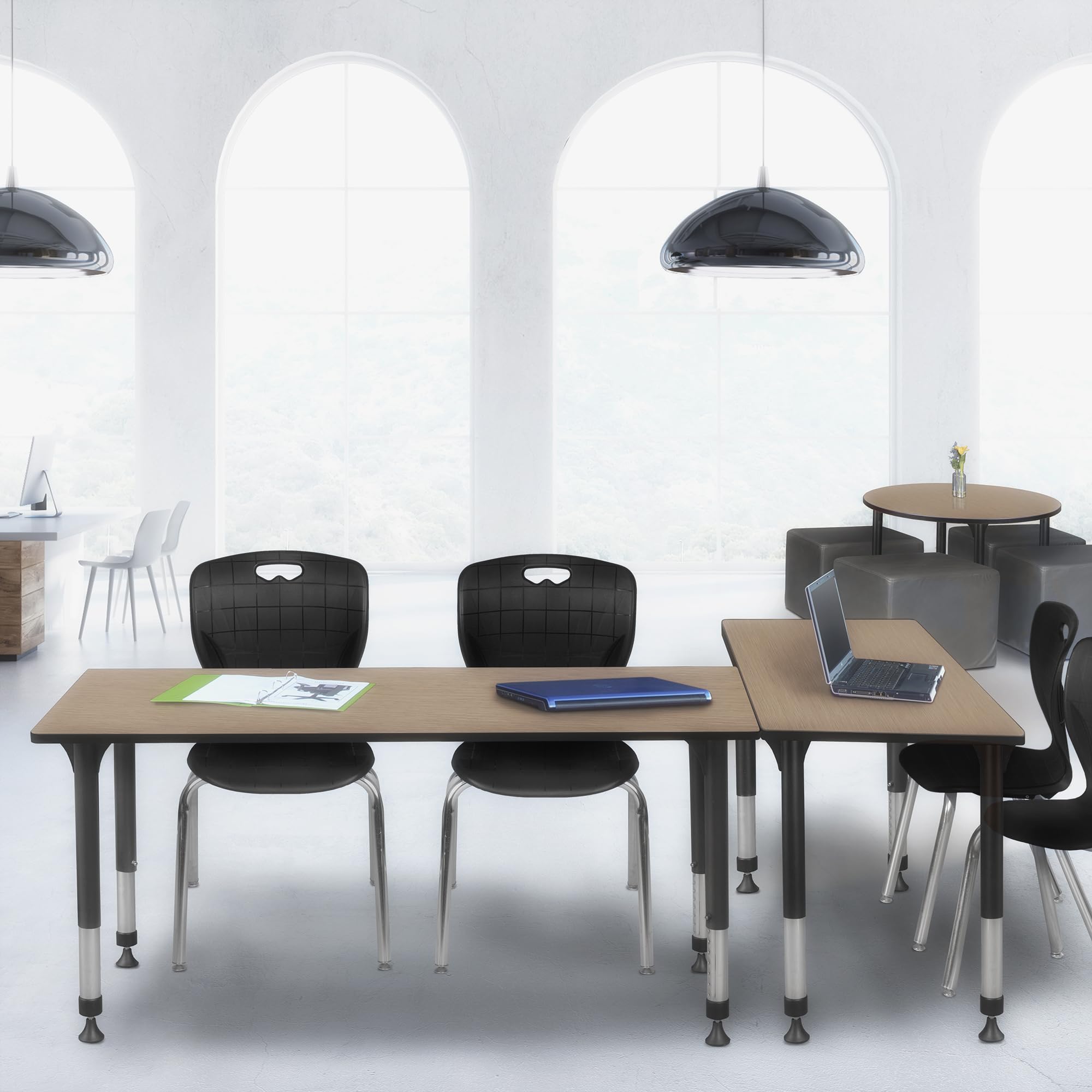 Regency Kee 72 x 24 in. Adjustable Classroom Table- Noble Oak Top, Black Base & 2 Andy 18 in. Black Stack Chairs