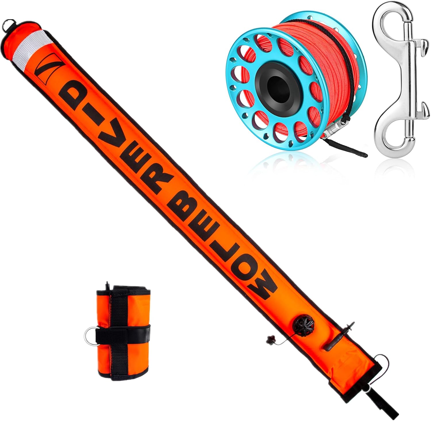 4FT Diving SMB Surface Marker Buoy+30m/100ft Diving Large Spinning Spool Finger Reel with Double-Ended Bolt Snap Clip for Wreck Cave Diving Spearfishing Fishing Blue