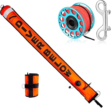 Scuba Diving Reel Blue 100ft High Visibility Line with Double-Ended Bolt Snap Clip + 5FT Diving SMB High Visibility Inflatable Scuba Signal Tube for Wreck Cave Snorkeling Spearfishing