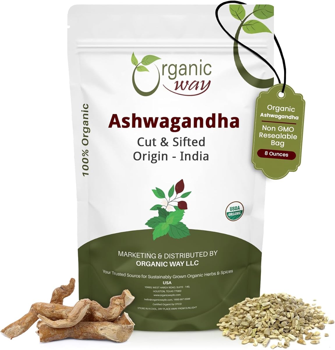 Organic Way Organic Way Ashwagandha Root Cut & Sifted (Withania Somnifera) - Organic & Kosher Certified | Vegan, Non GMO & Gluten Free | USDA Certified | Origin - India (1/2LBS / 8Oz.)