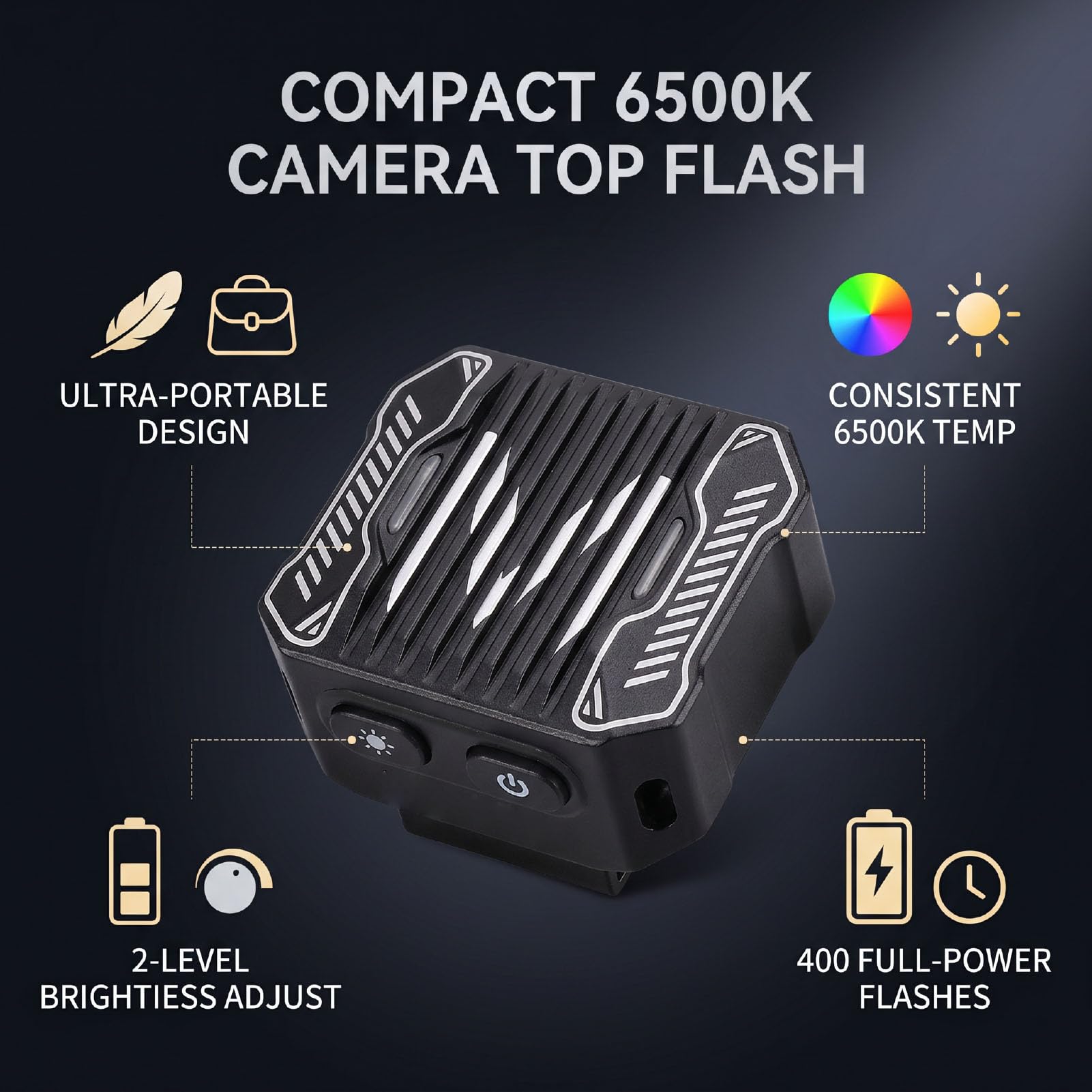 Bewinner Aluminum Camera Flashlight, Portable & Compact (BLACK) | Luce di riempimento 6500K, luminosità regolabile, ricarica rapida di tipo C, compatibile con molte fotocamere