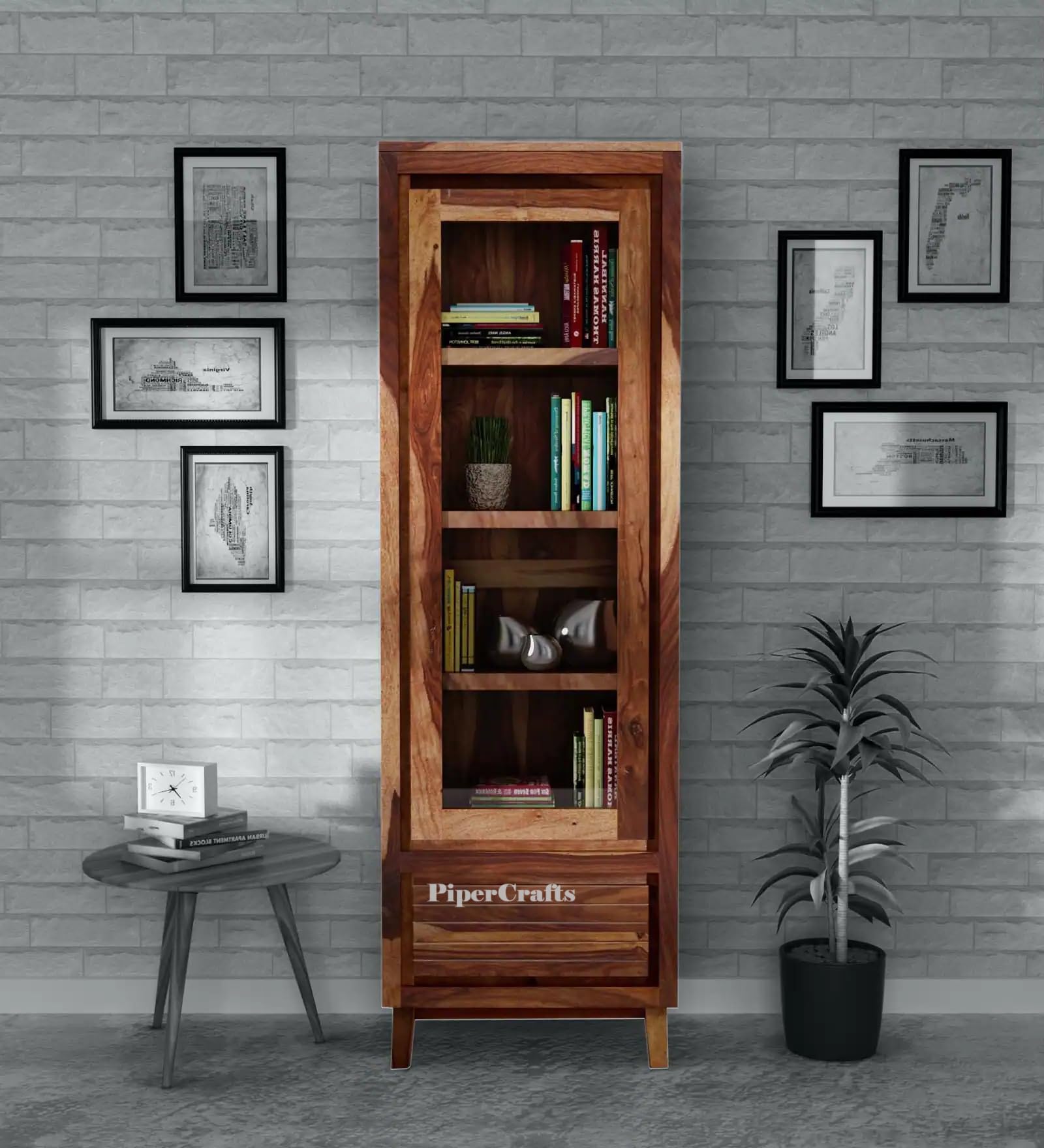 Bookshelf with Glass Doors sheesham Wood Premium Furniture - Already Assembled - Home Office Library Storage Cabinet Book Display - Book Shelves Wooden - Provincial Teak Finish-image-31