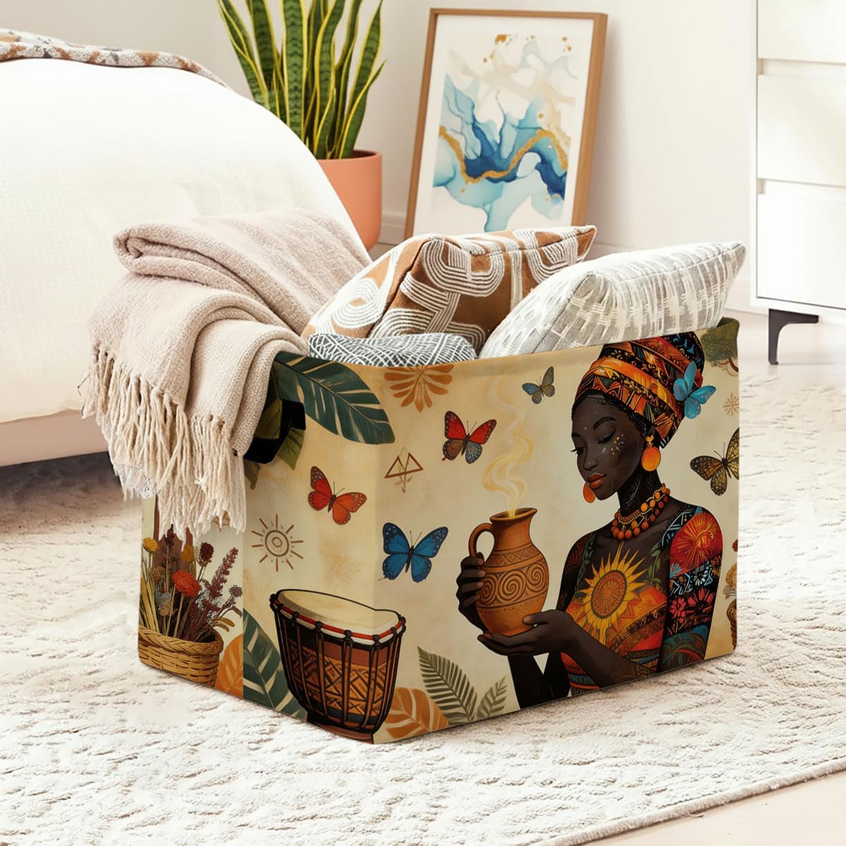 African Woman Laundry Hamper with Handles 56L Foldable Square Clothes Basket,Large Multi‑Use Blanket Storage Bins for Organizing Books,Toys,Gifts,Room Decoration,Dorm Nursery image 2
