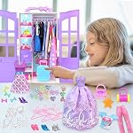 92Pcs Vêtements et accessoires pour poupées avec dressing 11.5 Inch Doll Fashion Design Kit Dress Up Girl Doll incluant les tenues de mode Outfits Tops et Pantalons Chaussures Hangers Sacs Colliers Filles Jouet Cadeaux