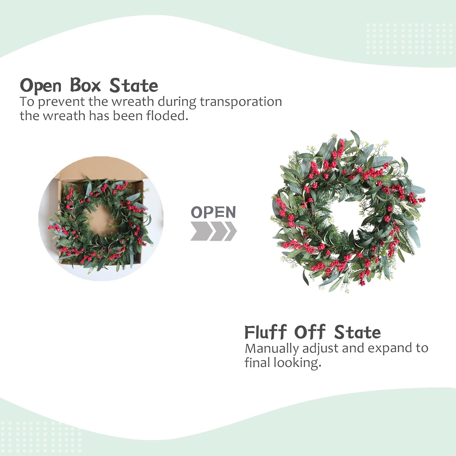 TEMPUS 22 Inch Rustic Winter Wreath with Curly Willow Branches, Pine Needles & Red Berries – Handmade Rattan Base for Front Door Decor, Farmhouse Wall Hanging, Indoor Holiday Greenery