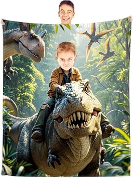 Personalized Dinosaur Blanket for Boy, Custom Photo Face Dino Throw Blanket | Customized Throw Blanket for Baby Newborn Toddlers, Dinosaur Gifts for Kids Birthday, Christian Blankets for Men Son