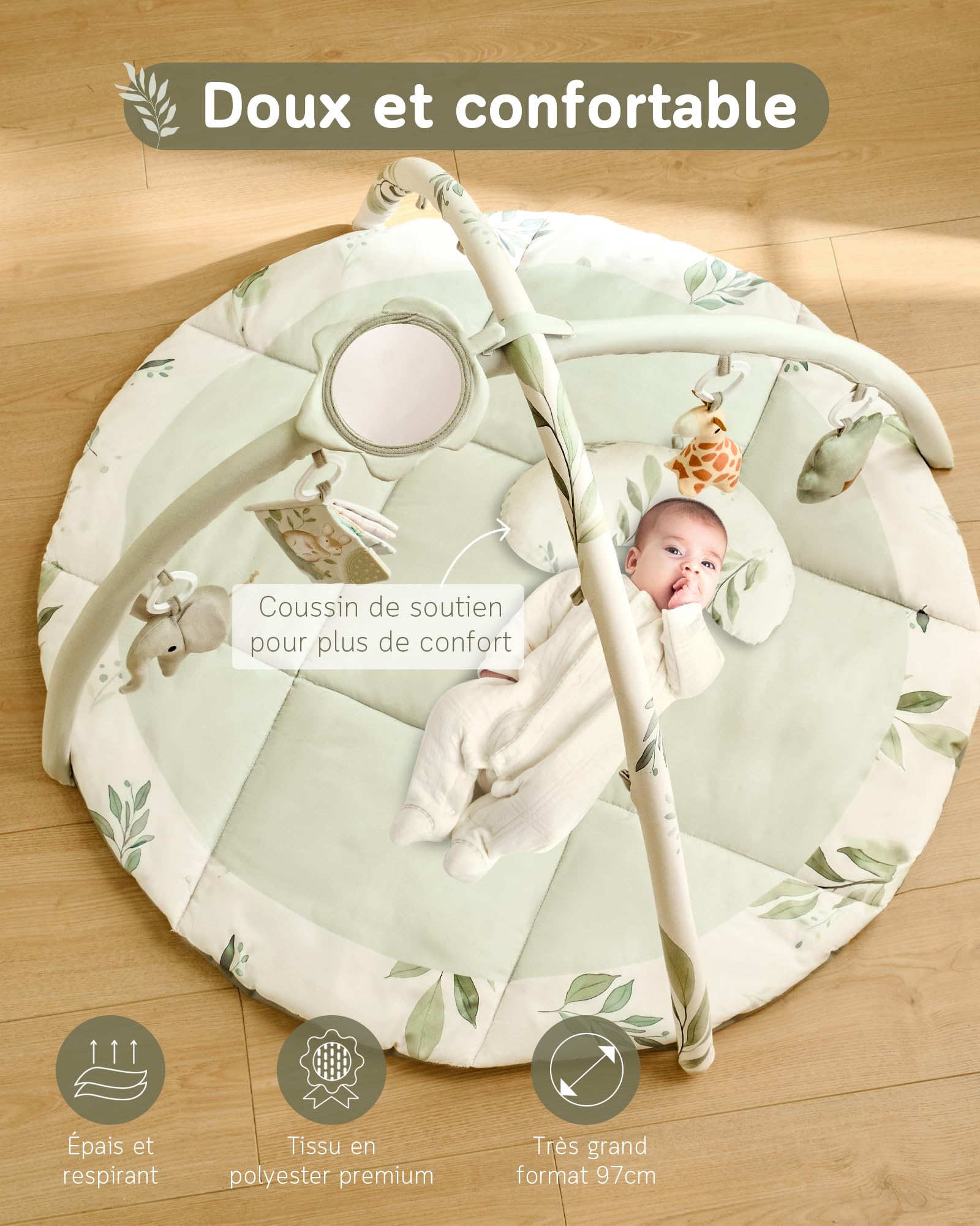 Tapis d'éveil Bébé avec Arche amovible et 5 Jouets d'activité, Thème Naturel, Fortella, Vert, pour Nouveau-né 0-12 Mois