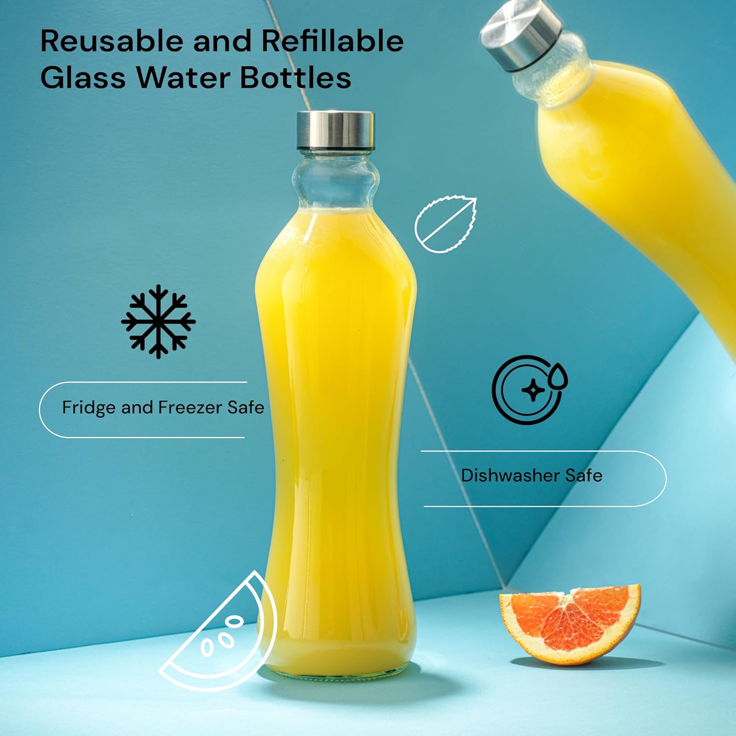 JoyJolt Glass Water Bottles - 2pc Set, 32 oz/1 Liter, Clear Glass with Stainless Steel Lids, Leakproof, Ideal for Juicing or Iced Tea - Image 5