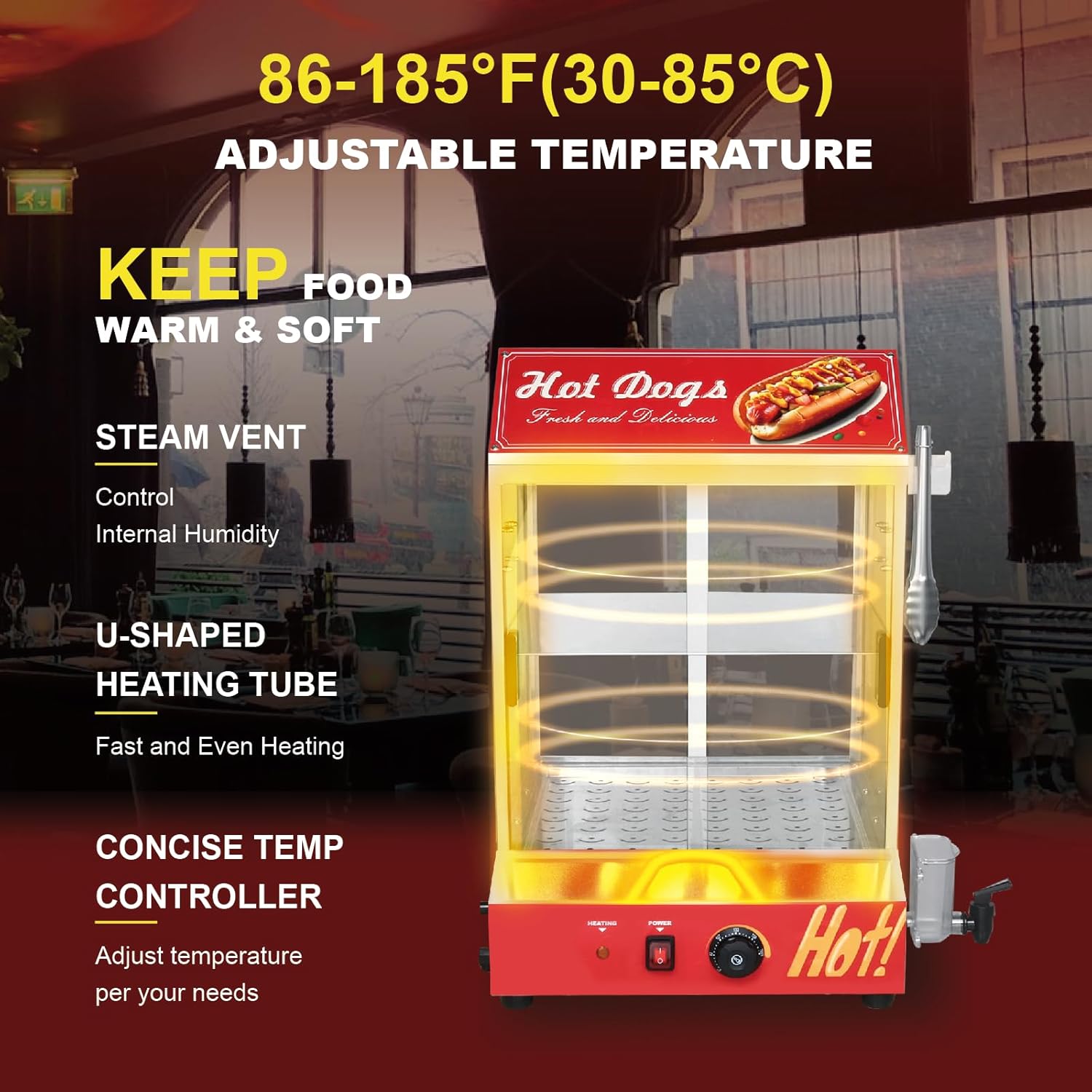 Hot Dog Steamer Machine, 31.7QT/30L, 2-Tier Electric Hot Dog Steamer with Bun Warmer, Adjustable Temperature, Hot Dog Hut Steamer with Visible Glass Sliding Door, 175 Hot Dogs & 40 Buns Capacity