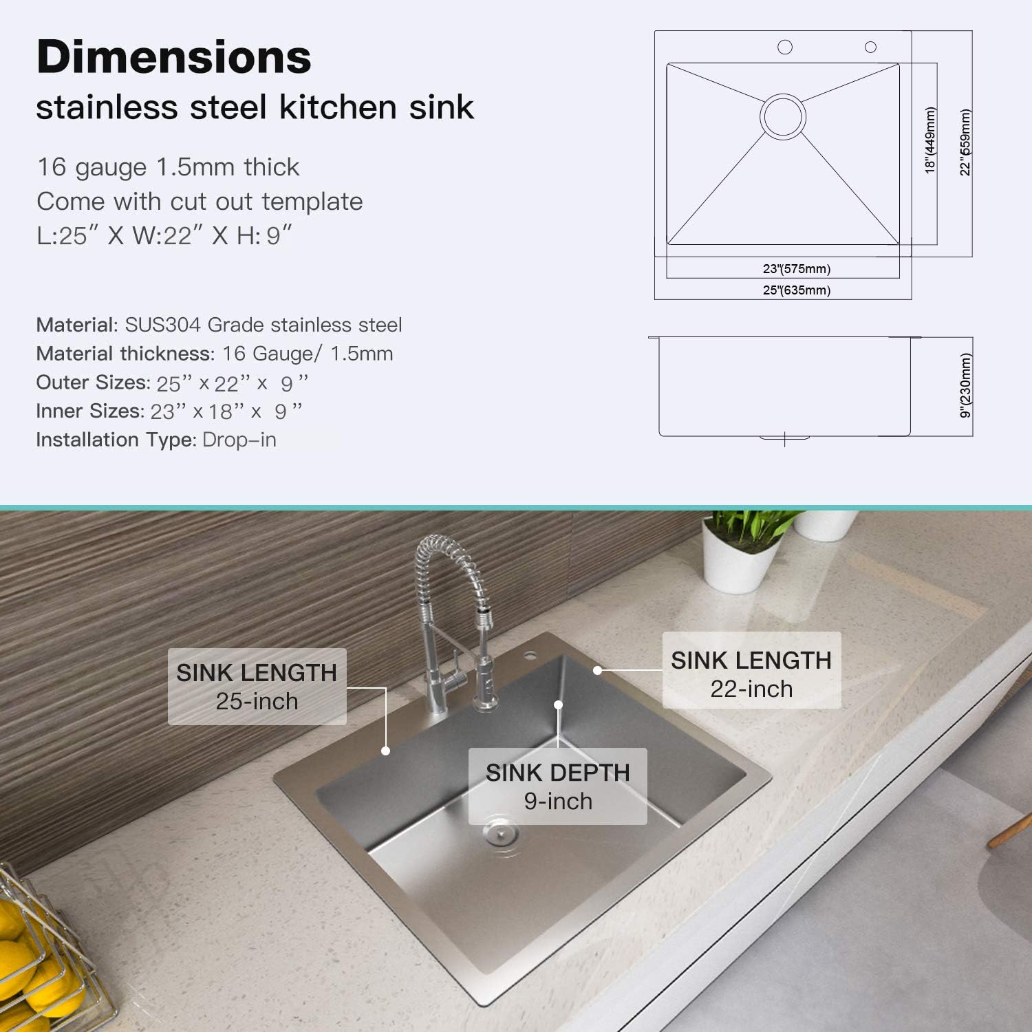 Suреr Brаndѕ Mensarjor 25 x 22 inch Drop-in or Topmount 16 Gauge R10 SUS304 Single Bowl Stainless Steel Kitchen Sink (25 X 22 X 9)
