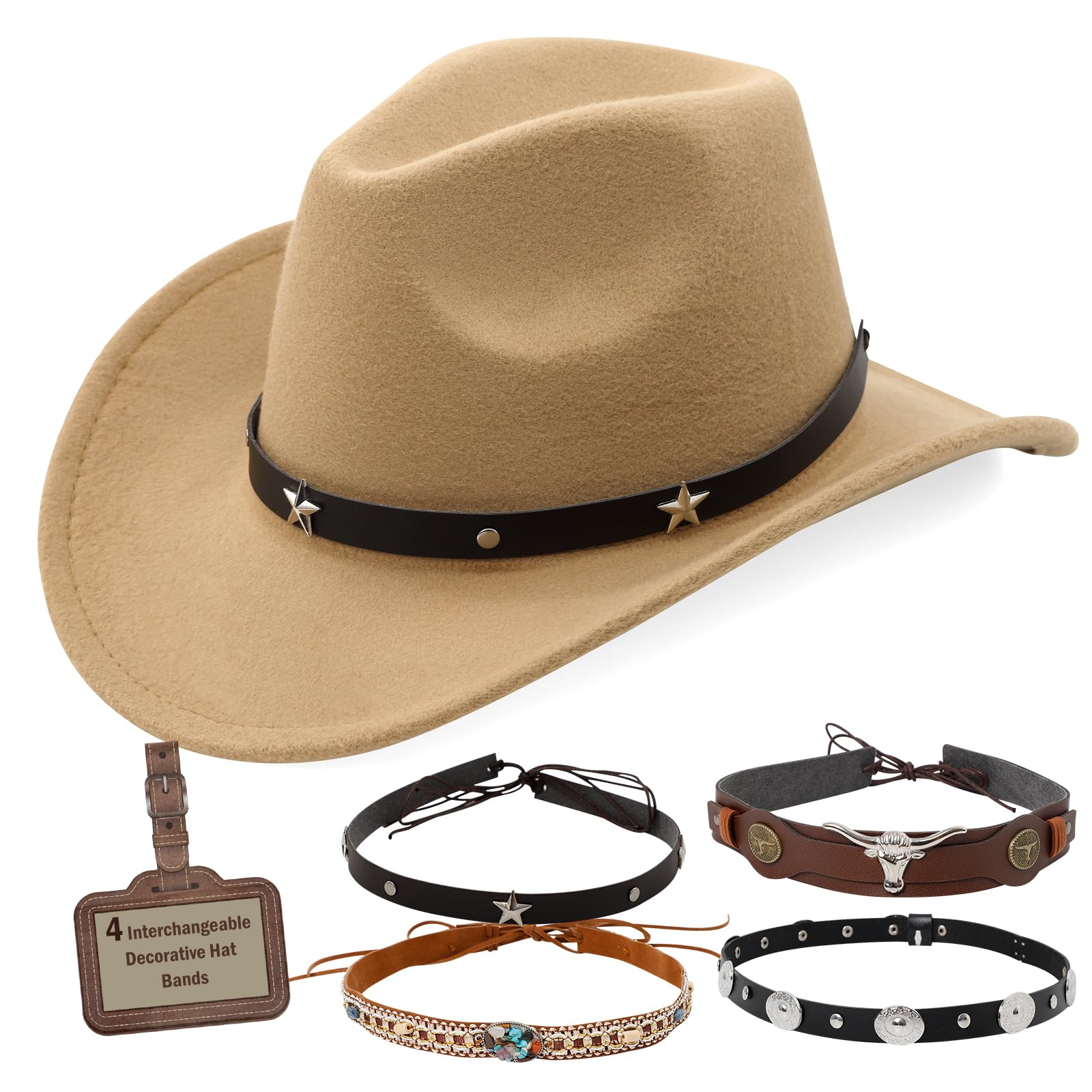 Cappello da cowboy occidentale per uomo e donna a tesa larga classico cappello da cowgirl occidentale con quattro fasce decorative in feltro Fedora Hat
