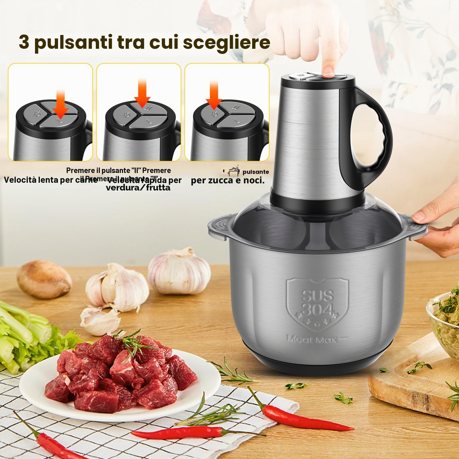 Tritatutto da Cucina Elettrico 4 L, 300W Motore in Rame Puro, 3 Velocita, 6 Lame, Ciotola in Acciaio Inox, Lavabile in Lavastoviglie, Tritatutto Elettrico per Carne, Verdure, Frutta