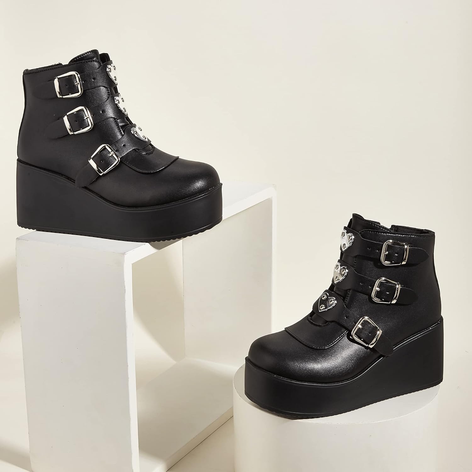 LUCKY STEP Women Platform Chunky Ankle Boots - Round Toe Zipper Wedges High Heels Rave Buckle Thick Sole Goth Booties - Image 9