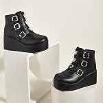LUCKY STEP Women Platform Chunky Ankle Boots - Round Toe Zipper Wedges High Heels Rave Buckle Thick Sole Goth Booties