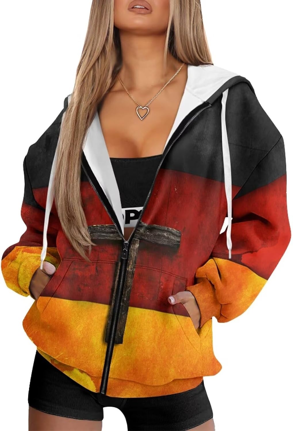 Oil Painting Printed Hoodie for Women, Zip Up Drawstring Hooded Pullover Sweatshirt with Pockets for Home, Yoga
