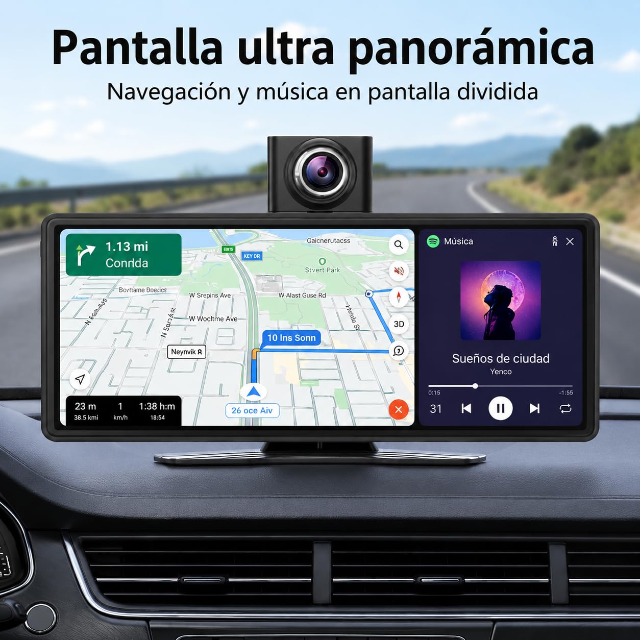 Pantalla CarPlay Coche 10,26", Pantalla Portátil para Coche con CarPlay Inalámbrico y Android Auto, Dash CAM 4K, Admite Cámara Trasera 1080P, IPS Táctil, Mirror Link, BT/FM/AUX, 64GB TF, 12V/24V
