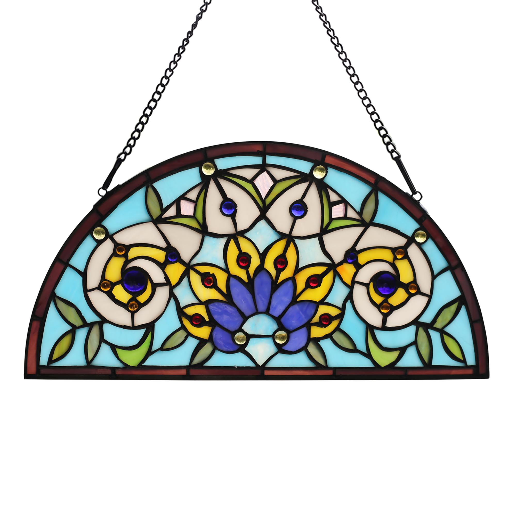 YOURANJU Halbmond-Buntglas-Fensterdekoration, Tiffany-Stil, 40,6 x 20,3 cm, halbrund, Einweihungsgeschenk, Wohnzimmer, Schlafzimmer, Küche, Fenster, dekorative Behänge mit Kette (Blume)