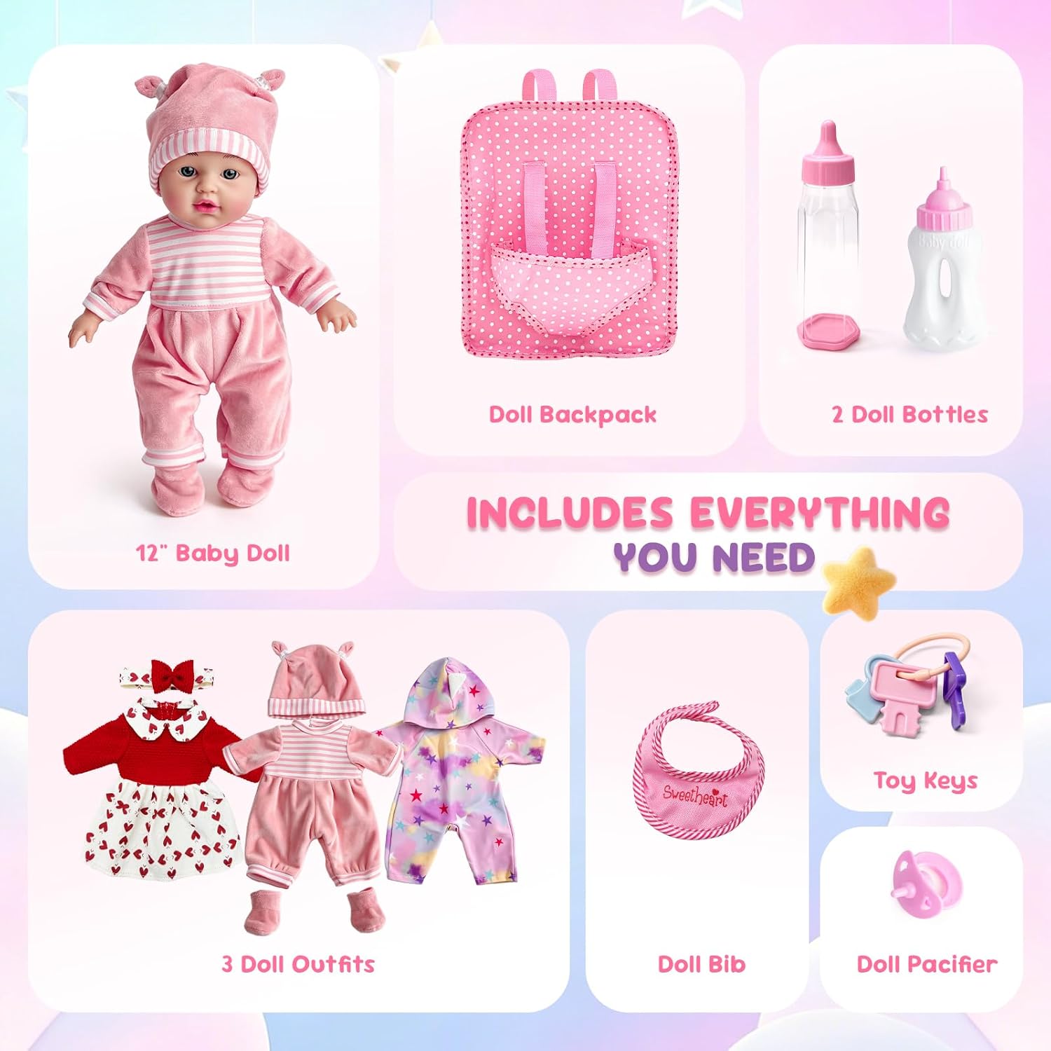 AuntyFey 12" Baby Doll Set, Baby Doll Bassinet with Accessory for Toddler Girls 3-5 6-12, Pretend Play Party Toy with Bottle, 3 Outfits, Scarf, Backpack