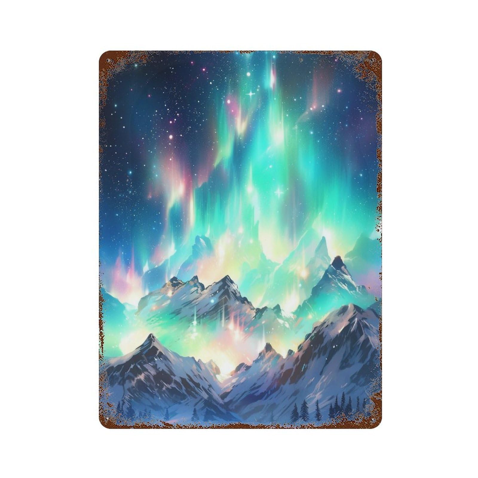 Aurora Borealis Mountain Range Retro Metal Sign 15.7"x11.8", Decorative Metal Wall Art for Garage, Bar And Workshop Decor