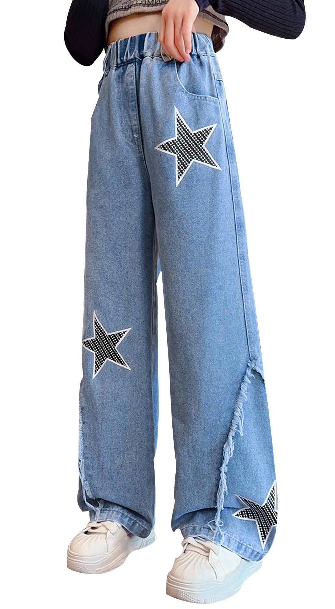 Happy Cherry Jeans da ragazza a gamba larga dritta svasata in denim per tutte le stagioni 5-15 anni