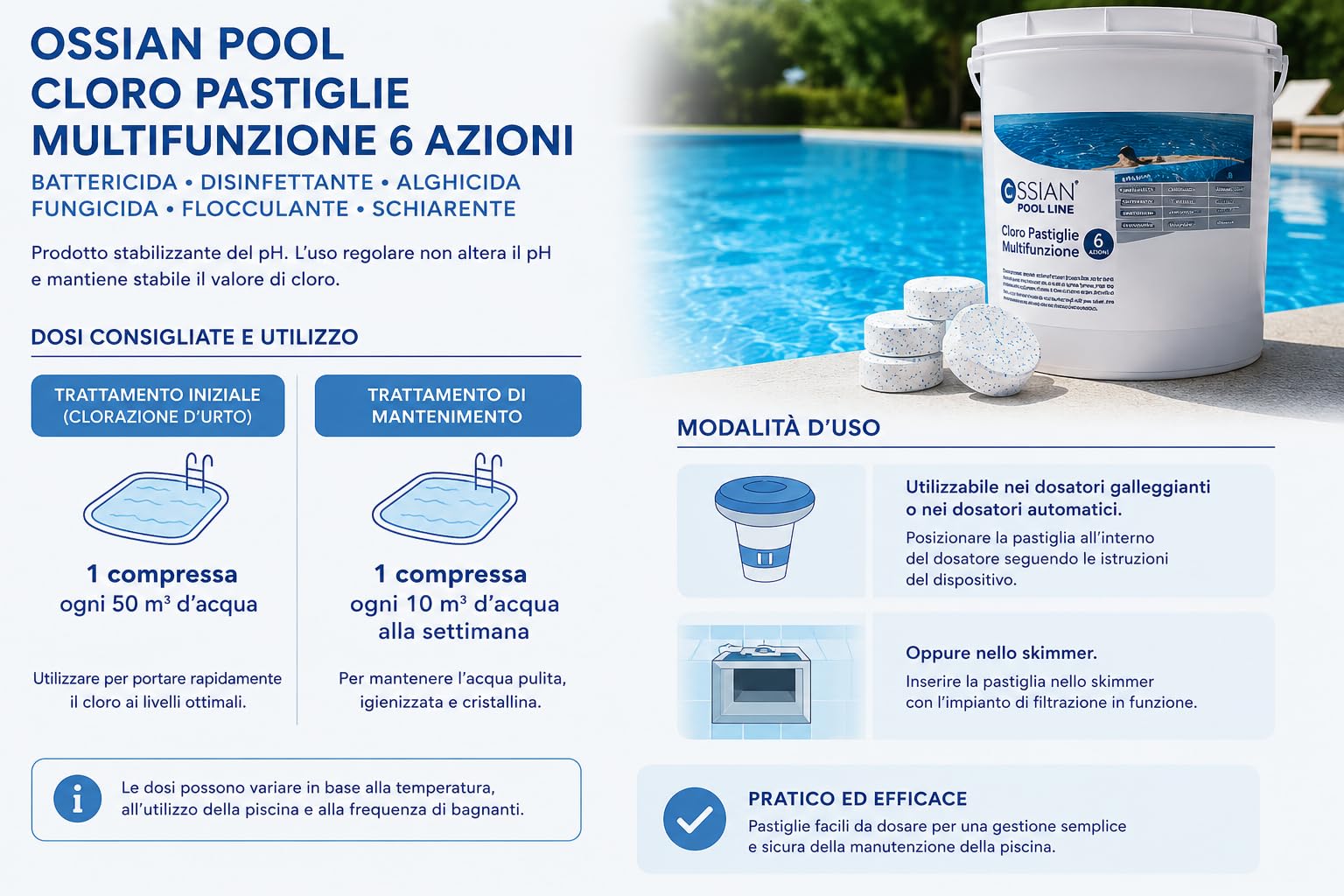Ossian Pool Cloro Multifunzione 6 Azioni Pastiglie 200 g, Tricloro 90% Antialghe, Flocculante, Stabilizzante pH, Igienizzante, Battericida, Schiarente per Piscina (10 Kg, 10000, grammo, 1)