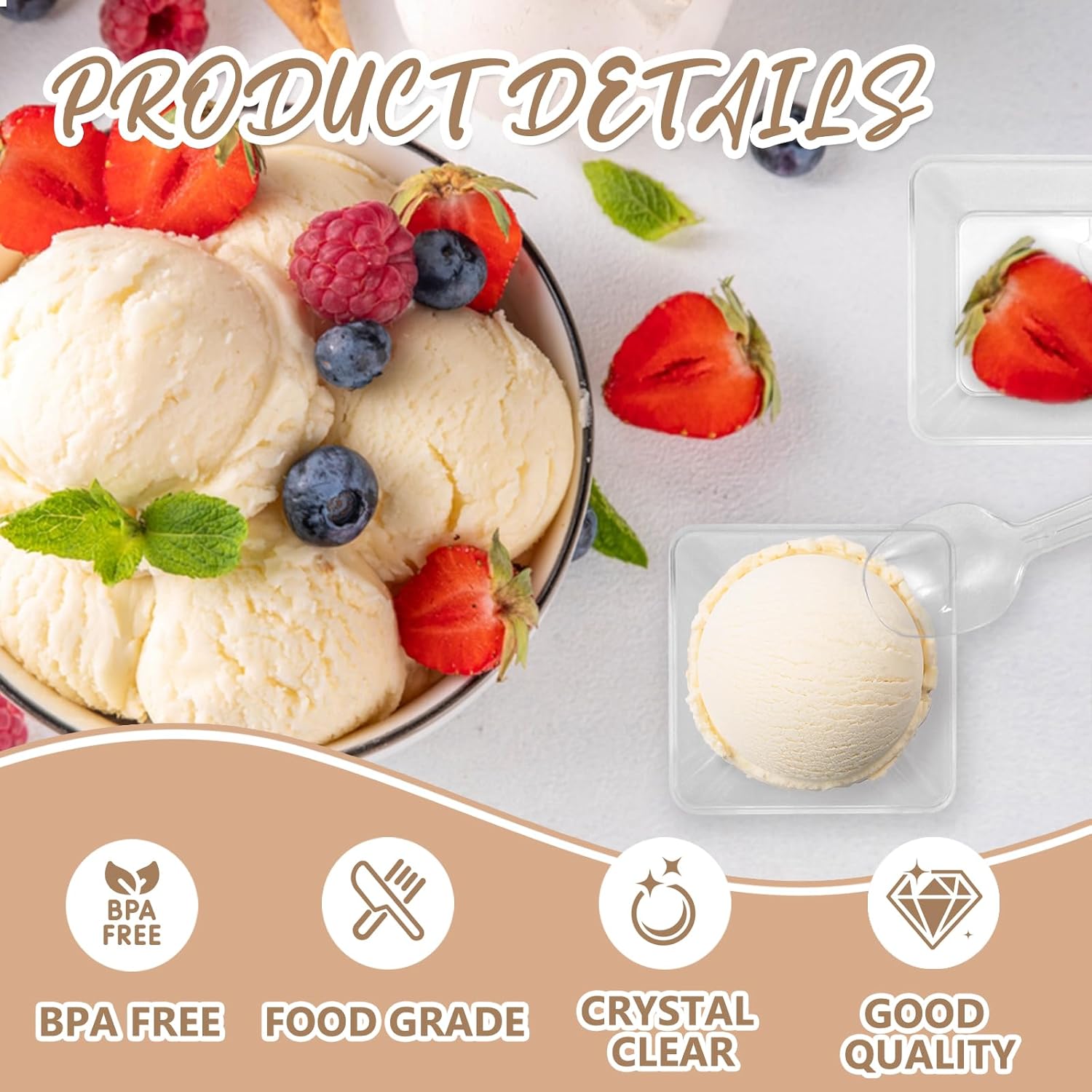 100 Pack Mini Plastic Dessert Plates with Tasting Spoons, 2.5 Inches Small Clear Disposable Square Appetizer Trays, Reusable Party Serving Dishes for Fruit Sauce Snack Cake Ice Cream - Image 3