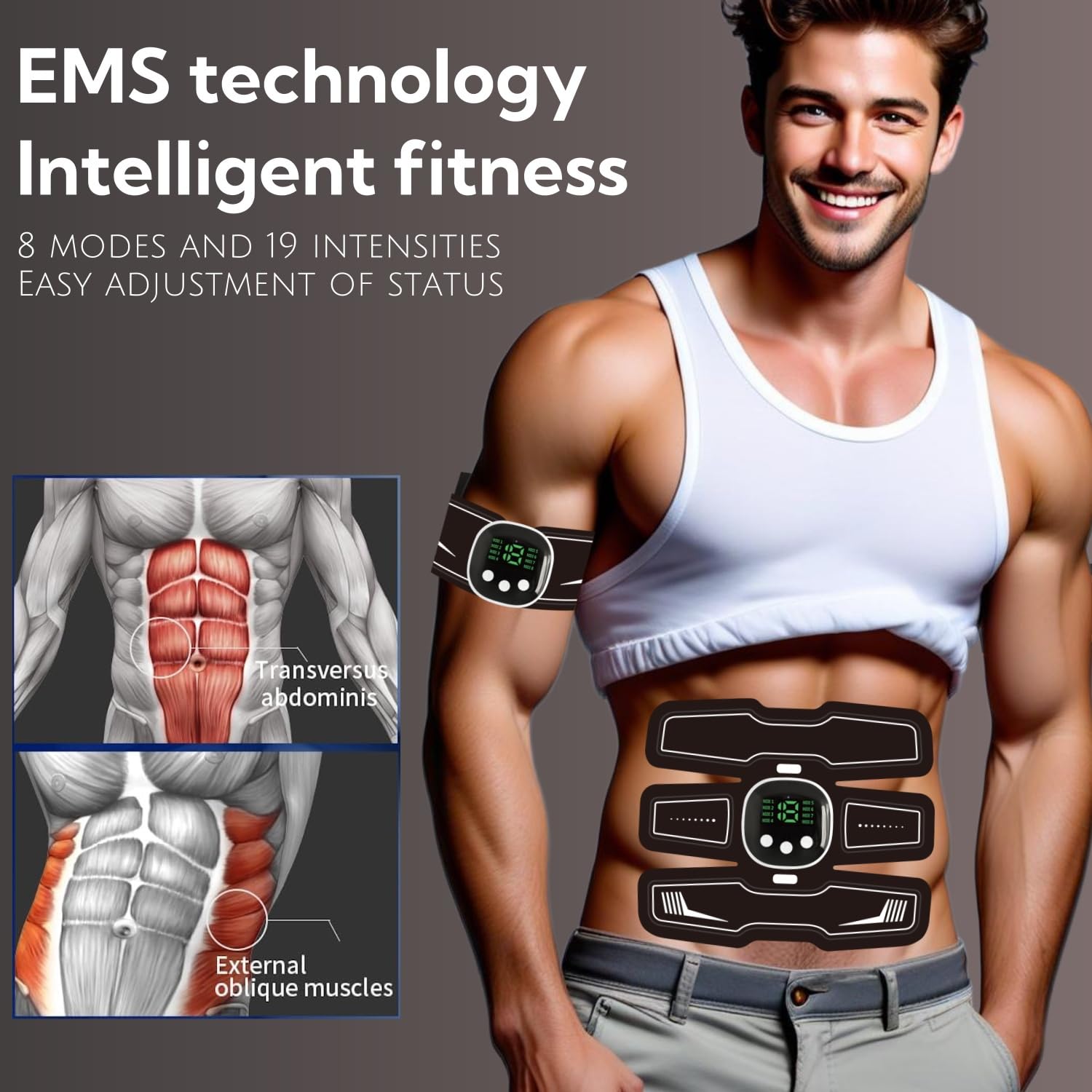 EMS entraîneur abdominal, entraîneur abdominal EMS, entraîneur abdominal 8 modes et 19 intensités pour abdominal, fitness intelligent, stimulation ciblée de la musculature abdominale