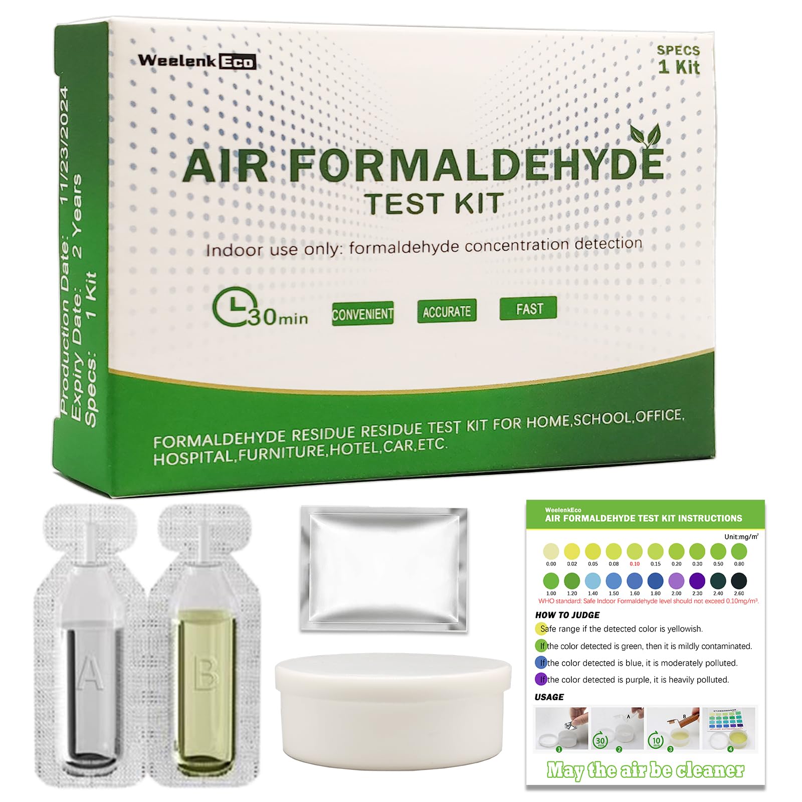 Air Formaldehyde (HCHO) DIY Test Kit - Find Out How Much Formaldehyde is in The air Around You, Suitable for Detecting Formaldehyde Levels in The air of Various Indoor environments（1 Kit）