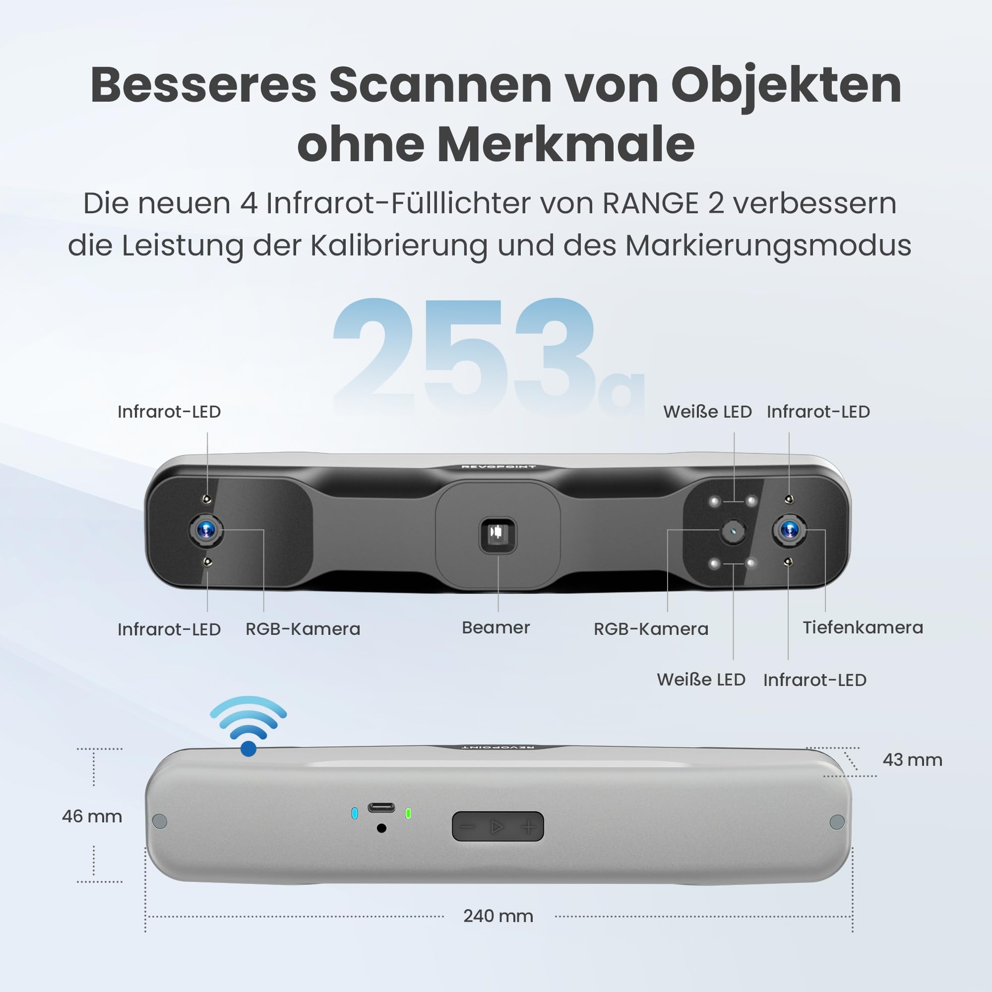 Revopoint RANGE 2 3D-Scanner Handheld, 0,1 mm Präzision, Tragbarer 3D-Scanner, Eingebaute RGB-Farbkamera, Unterstützt Körper- und Gesichtsscans, Reverse Engineering, Windows/Android/iOS/macOS
