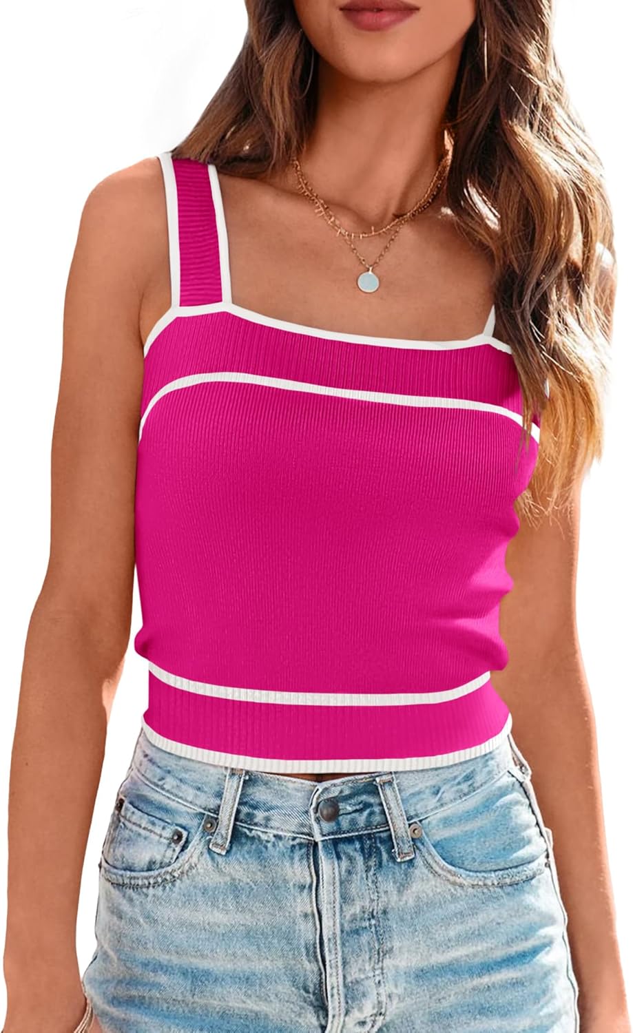 NALANISA Women's Trendy Summer Square Neck Crop Tank Tops 2026 Casual Color Block Knit Sleeveless Slim Fit Y2k Cami Shirts