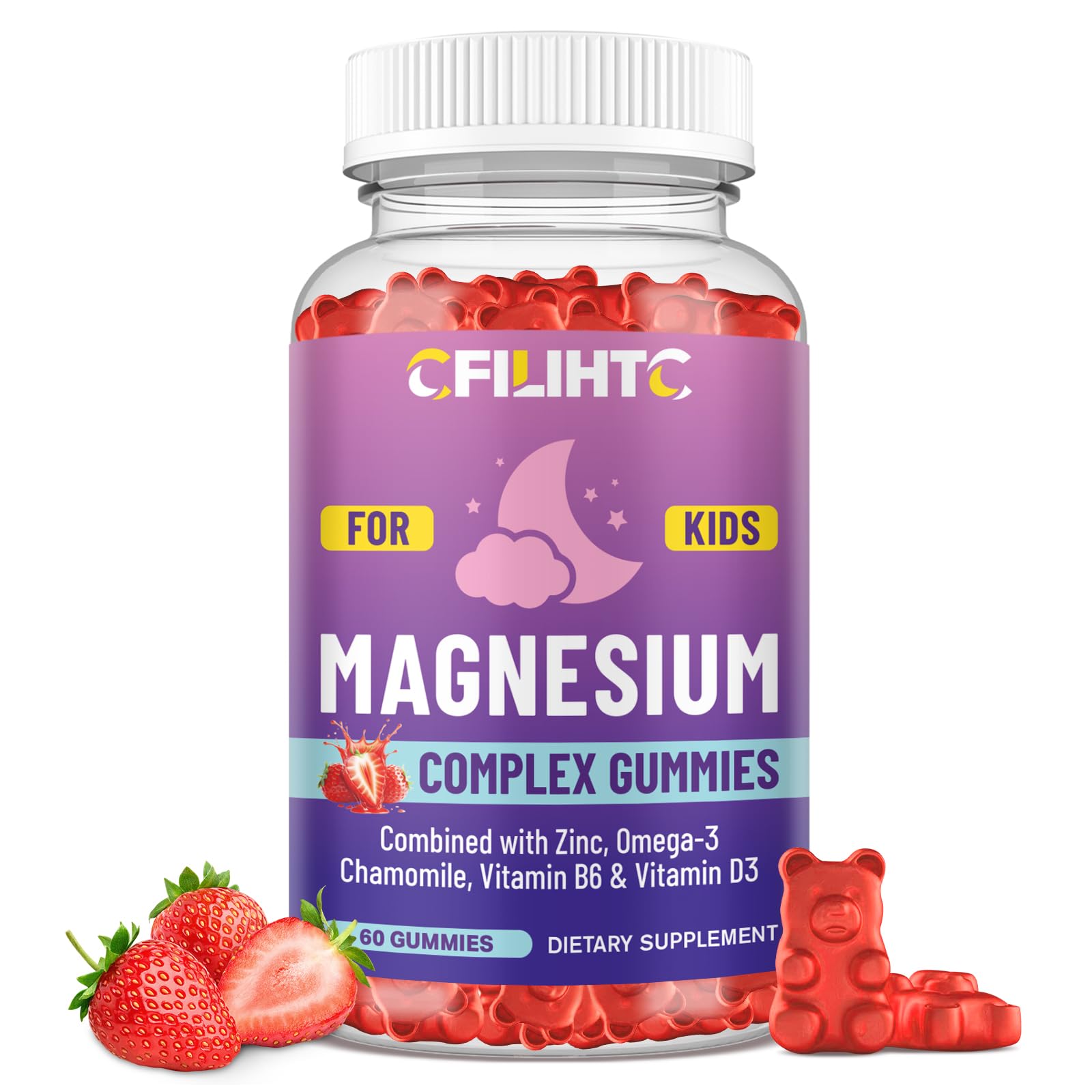 Kids Magnesium Gummies-Magnesium Glycinate Gummies for Kids Supplement-w/Zinc, Chamomile, Omega-3, Vitamin B6, D3 - for Sleep, Relaxation, Brain, Bones, Children's Calm, Sugar Free Strawberry 60ct Strawberry 60 Count (Pack of 1)
