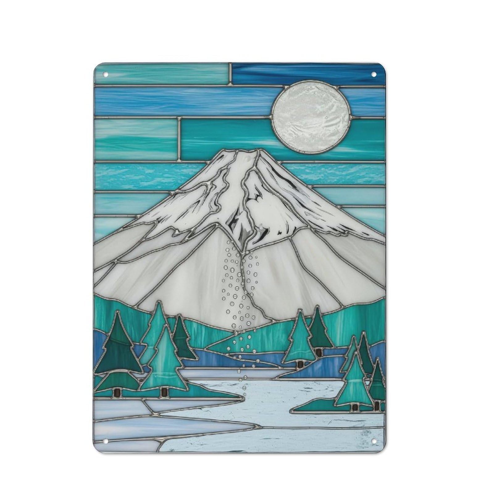 Junmoney Style-24 Tin Wall Plaque 40X30cm With Mountain Landscape Stained Glass For Bar Or Restaurant, For Hospitality Decor Collectors