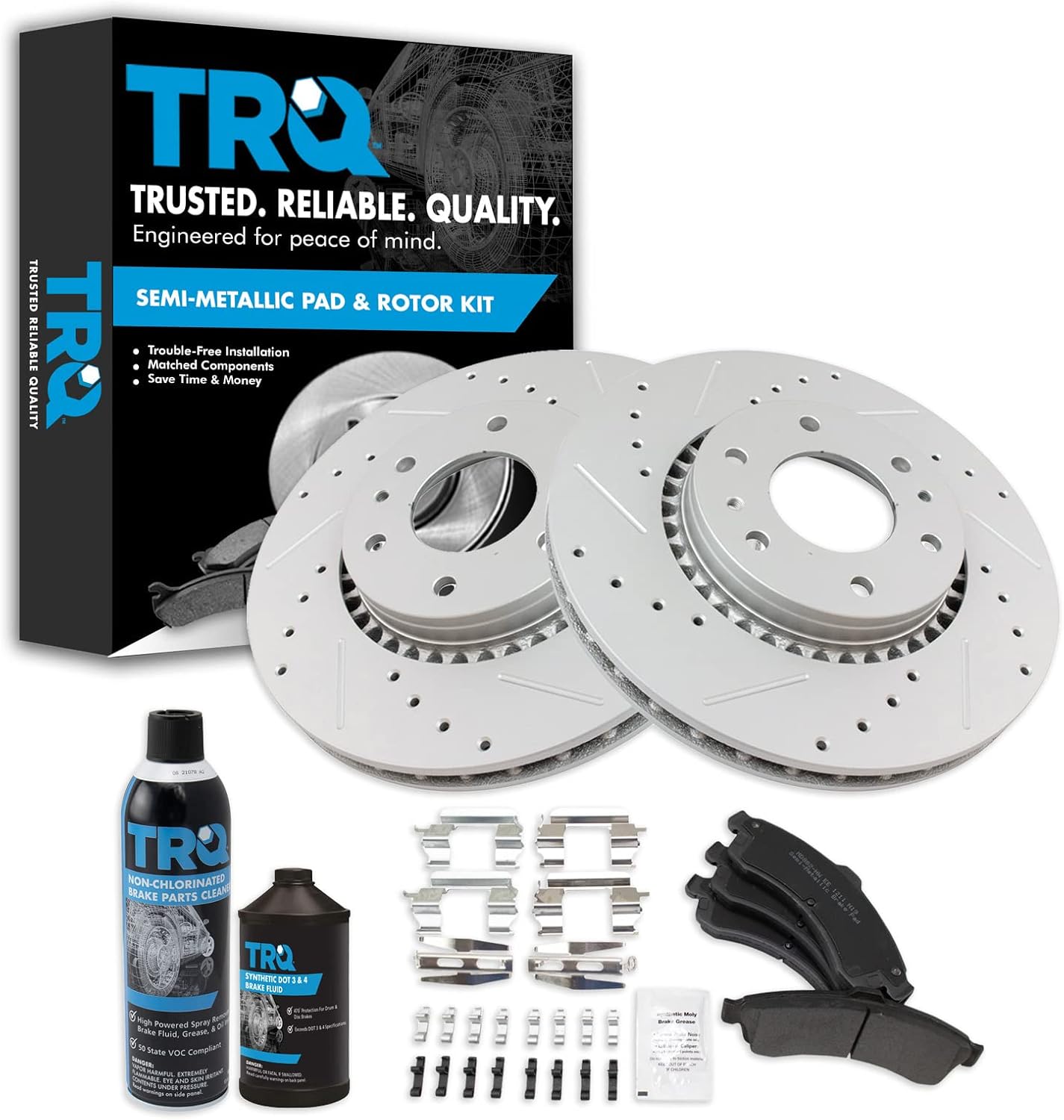 TRQ Front Metallic Brake Pad & Performance Rotor Kit w/Fluids Compatible with GMC Chevy Saab