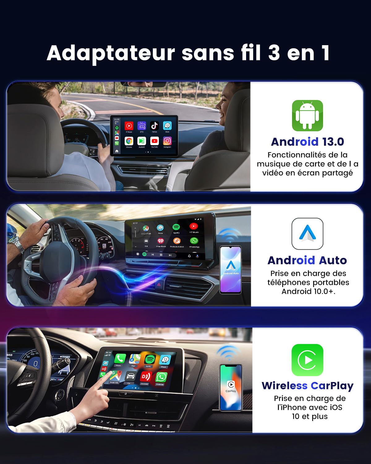 CarlinKit Aibox-Plus Android 13.0 Adaptateur 8 + 128 Go autonome sans fil CarPlay et Android Auto Boîte multimédia 3 en 1 pour voiture avec câble CarPlay
