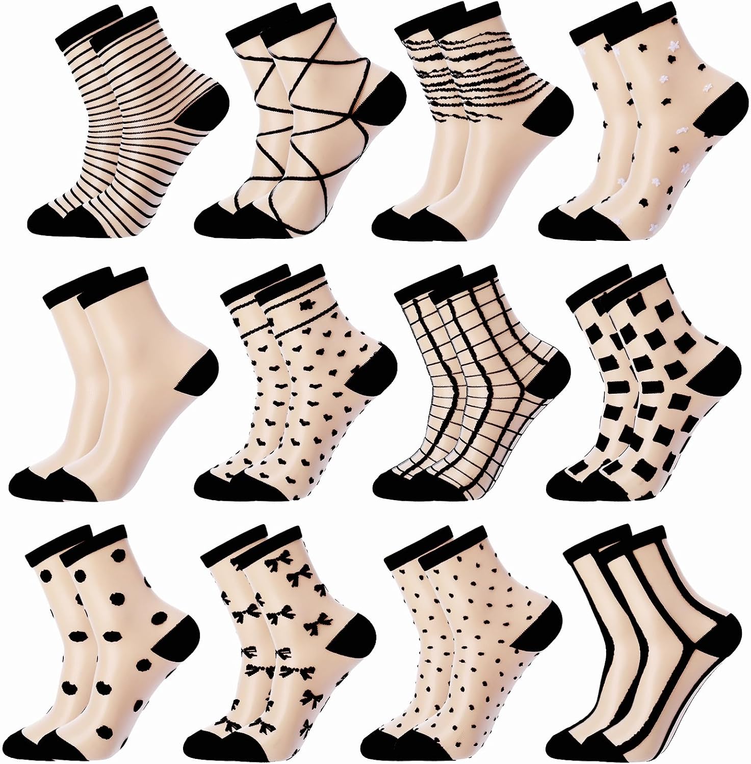 12 Pairs Sheer Socks Women, Black See Through Socks Thin Cool Lace Trouser Mesh Sock Fishnet Ankle Socks Summer