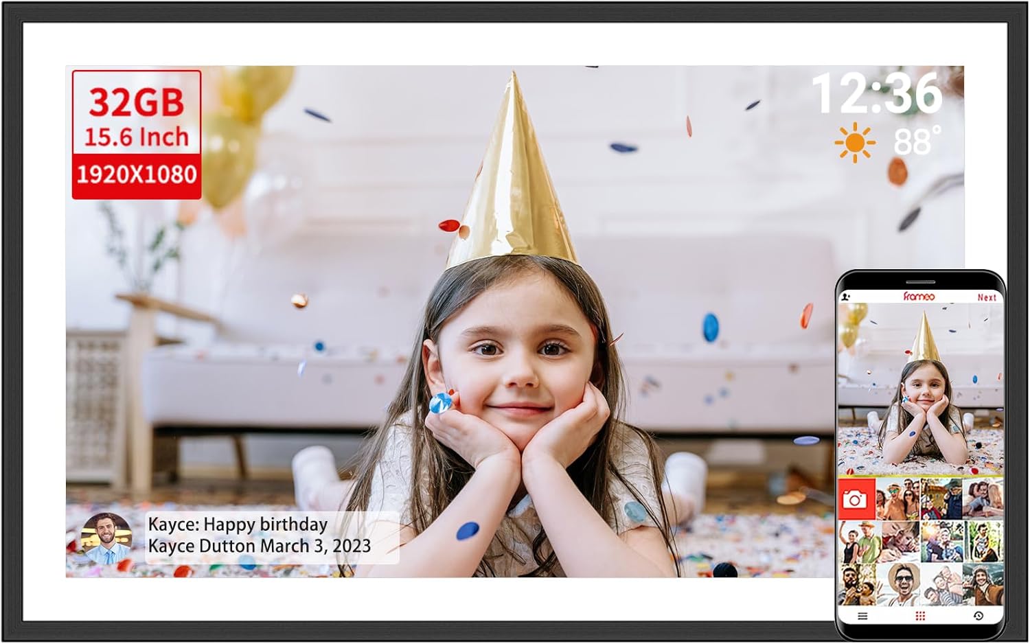 Frameo Digital Picture Frame,15.6 Inch 32GB Large WiFi Digital Photo Frame with 1920x1080 Full HD Touchscreen,Wall Mountable,Auto-Rotate,Easy to Send Pictures and Videos via Free App