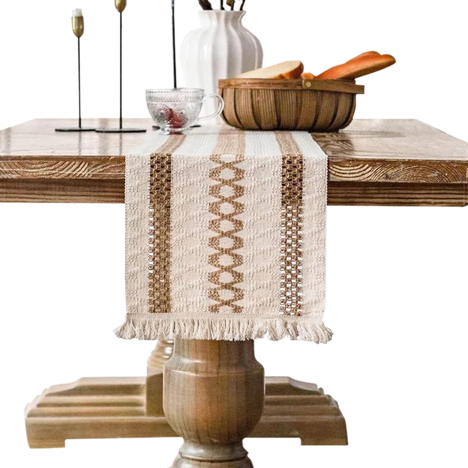 Burlap Table Runners Farmhouse Boho Long Table Runner Woven Cotton Linen Crochet Macrame Rustic Table Runner for Wedding Home and Dining Christmas Table Decor (12 in x 108 in)
