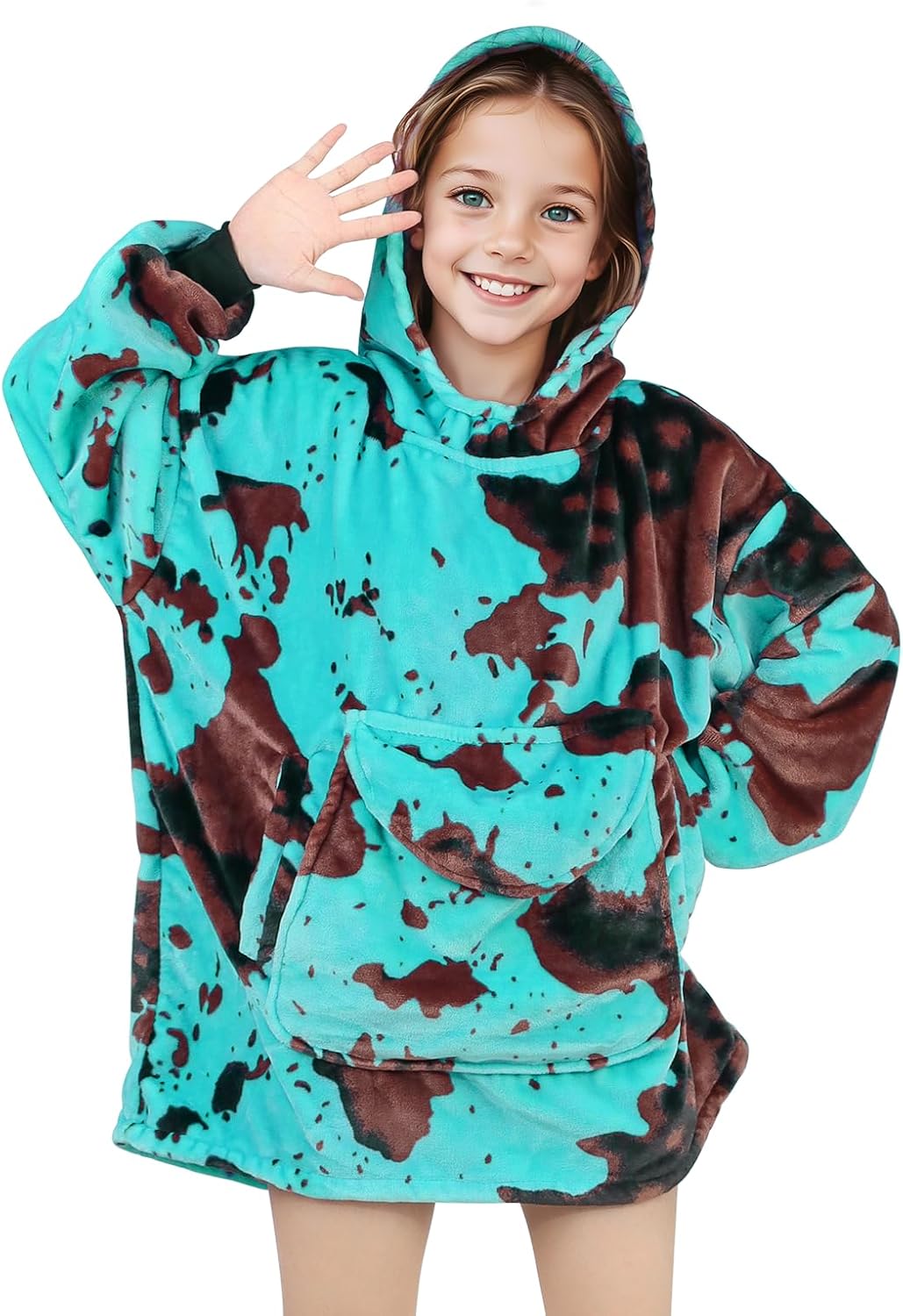 Wearable Blanket Hoodie Kids Blue Cow Print Sweatshirt With Giant Pocket - Warm Cozy Hooded Blanket for 6-10 Year Old Girl Boy Birthday Gifts